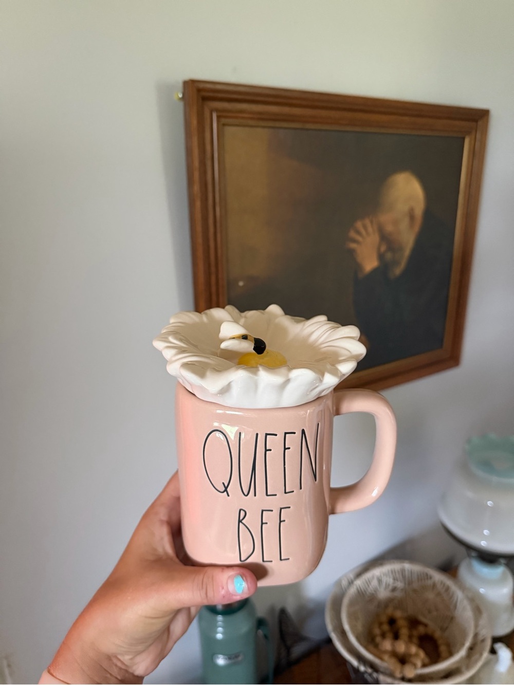 Rae Dunn Pink 'Queen Bee' Ceramic Mug with Daisy Lid